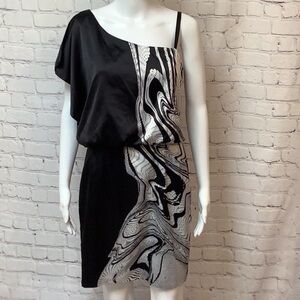 Jessica Simpson One Shoulder Black White Swirl Stretch Satin Mini Dress Sz 6